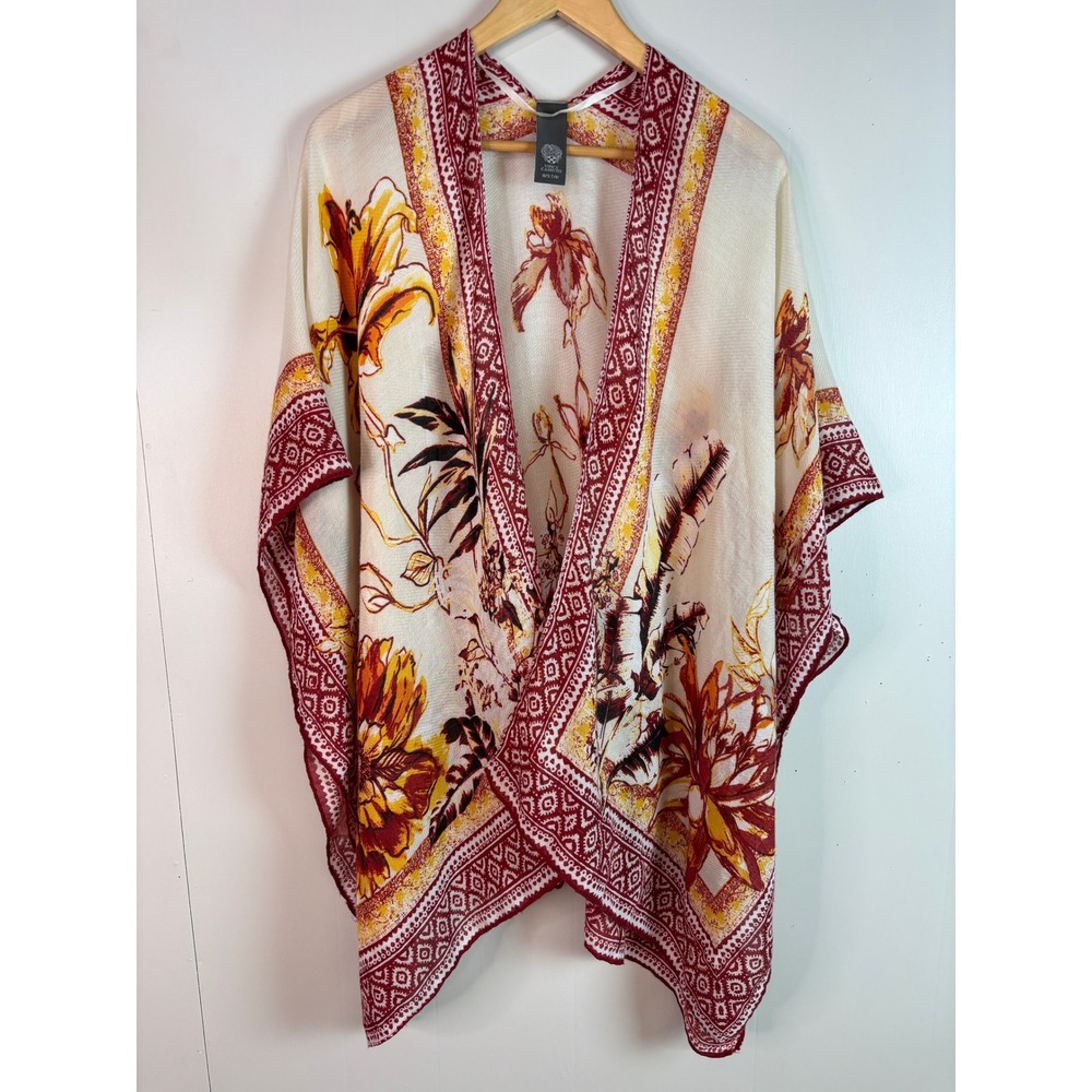 Vince Camuto Kimono O/S Cream Red Floral Boho Open Front Wrap Ruana Women